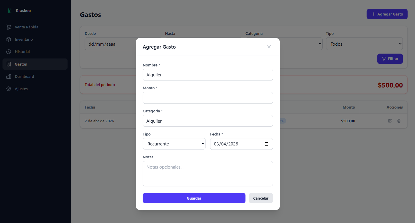 Control de gastos de Kioskea con filtros por categoria, tipo y periodo para ver a donde va la plata