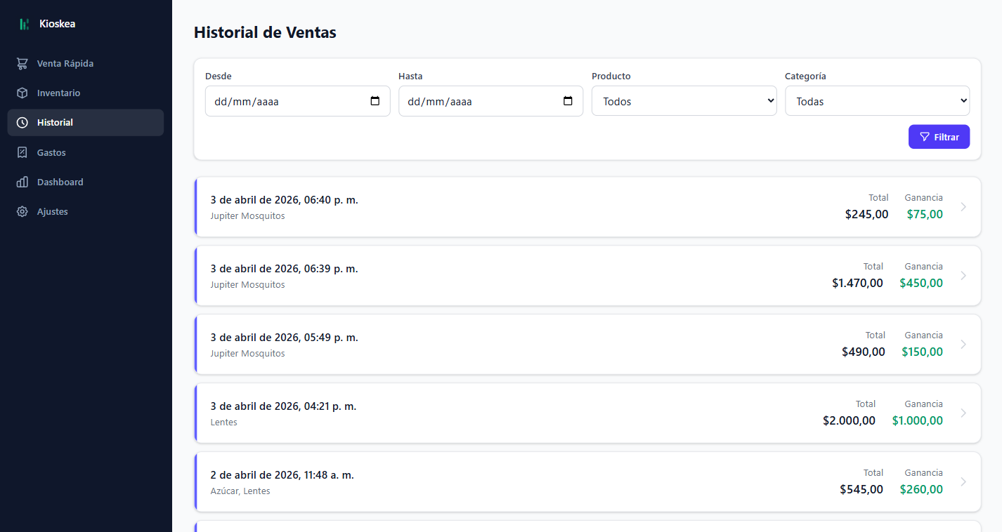 Historial de ventas de Kioskea con filtros por fecha y detalle de cada transaccion