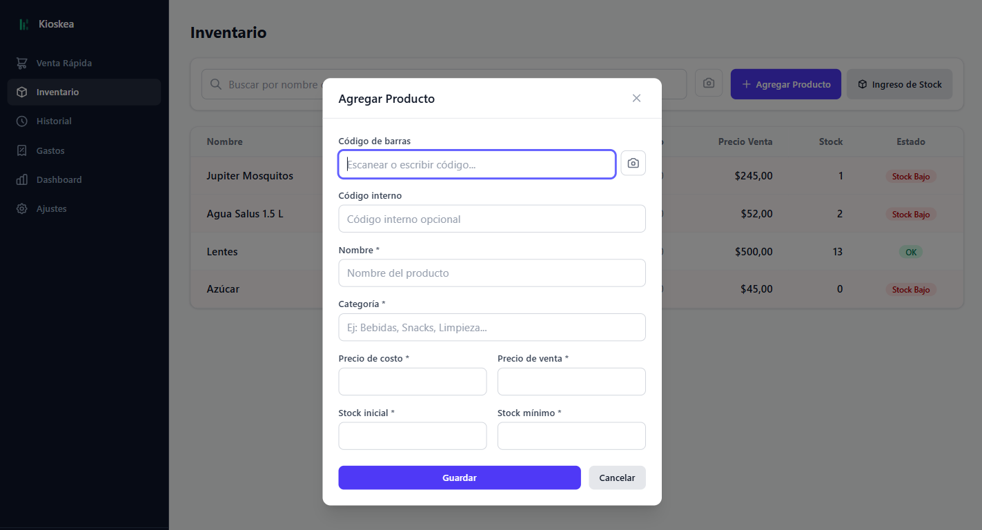 Pantalla de gestion de inventario de Kioskea con listado de productos, stock y alertas