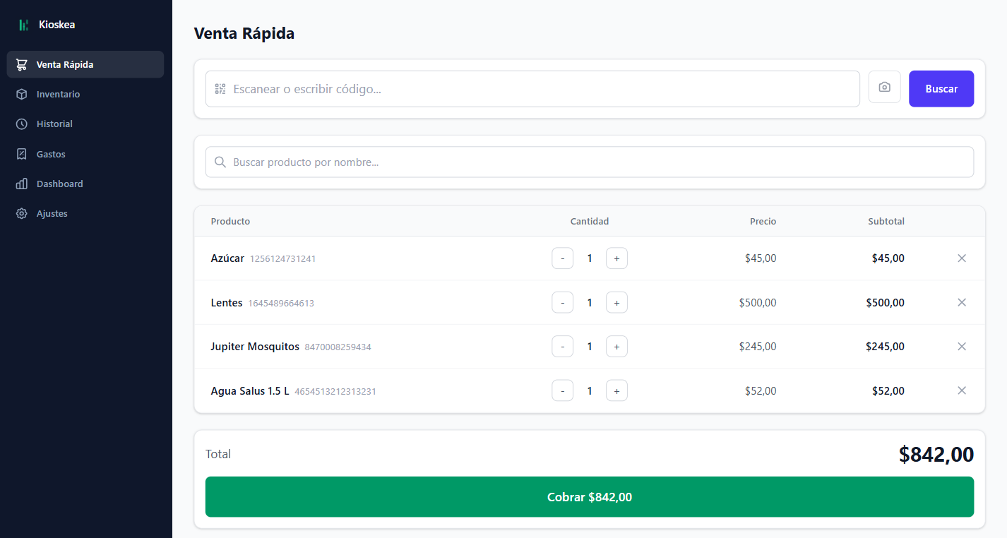 Punto de venta rapido de Kioskea con escaner de codigo de barras para registrar ventas al instante